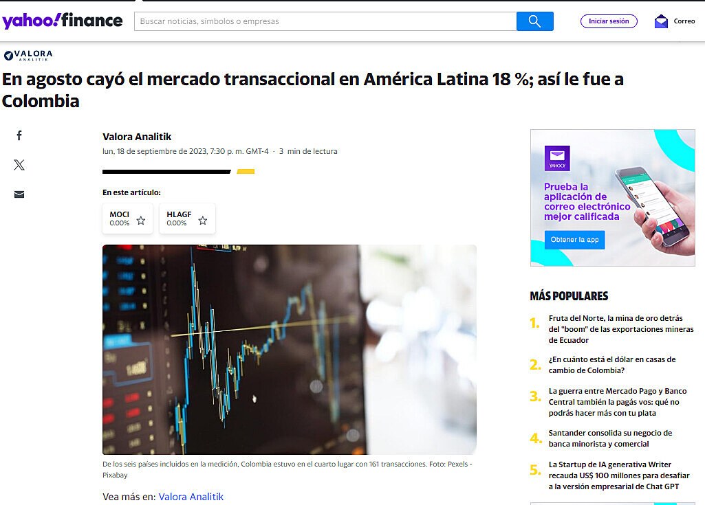 En agosto cayó el mercado transaccional en América Latina 18 %; así le fue a Colombia